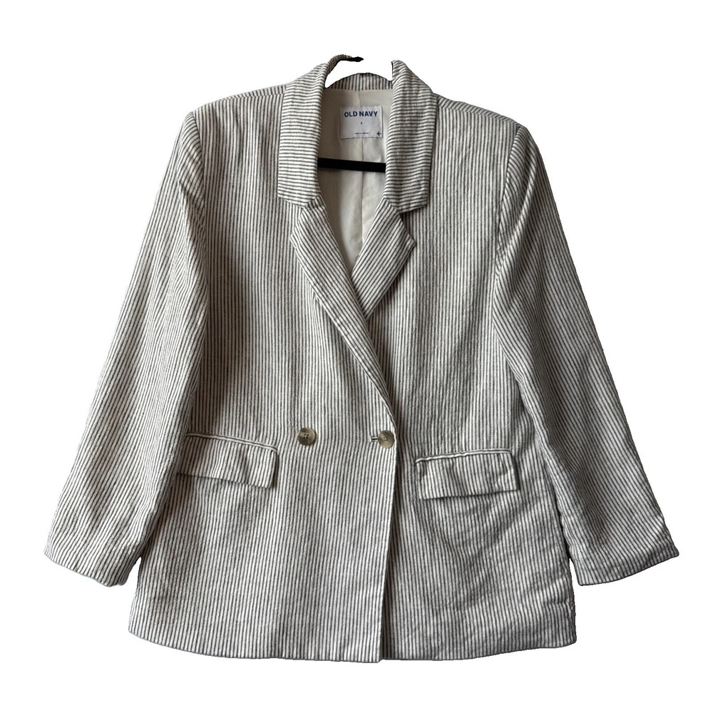Old Navy Striped Double Breasted Linen Blend Blazer S Relaxed Fit Preppy Coastal